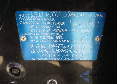 2007 Suzuki Grand Vitara Xsport z USA, uszkodzony, nr VIN JS3TD944X74200746